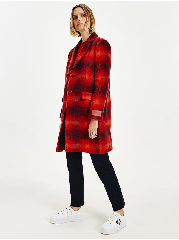 Tommy Hilfiger Coat - Tommy Hilfiger WOOL BLEND CHECK CLASSIC COAT red