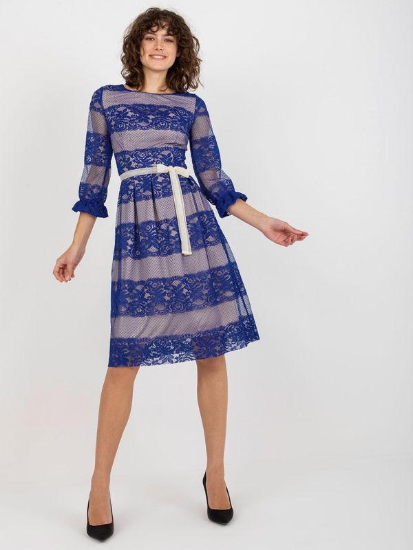 Fashionhunters Cobalt blue midi cocktail dress with lace and belt