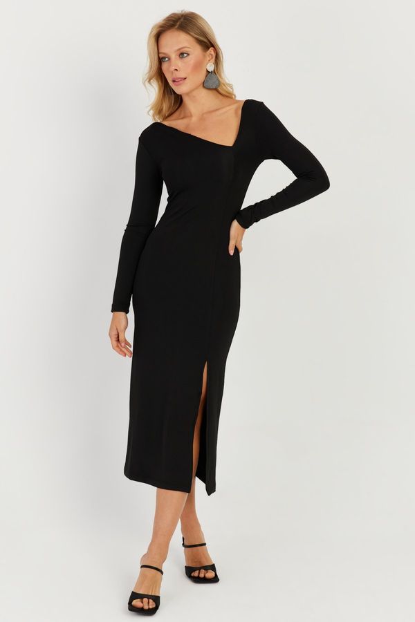 Cool & Sexy Cool & Sexy Women's Black Asymmetric Collar Slit Midi Dress