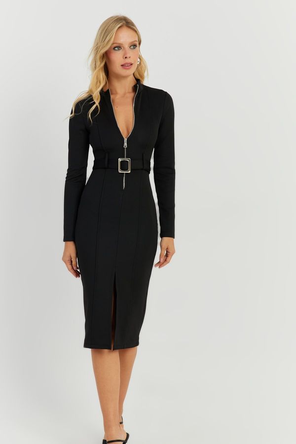 Cool & Sexy Cool & Sexy Women's Black Belted Scuba Midi Dress