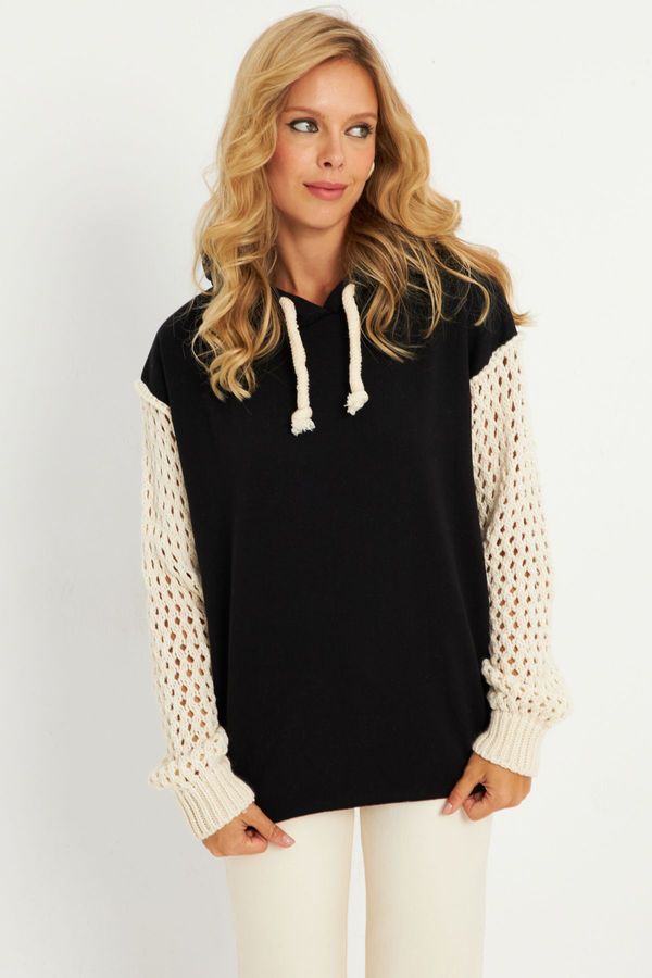 Cool & Sexy Cool & Sexy Women's Black-Ecru Hooded Sweatshirt with Openwork Sleeves YLE12