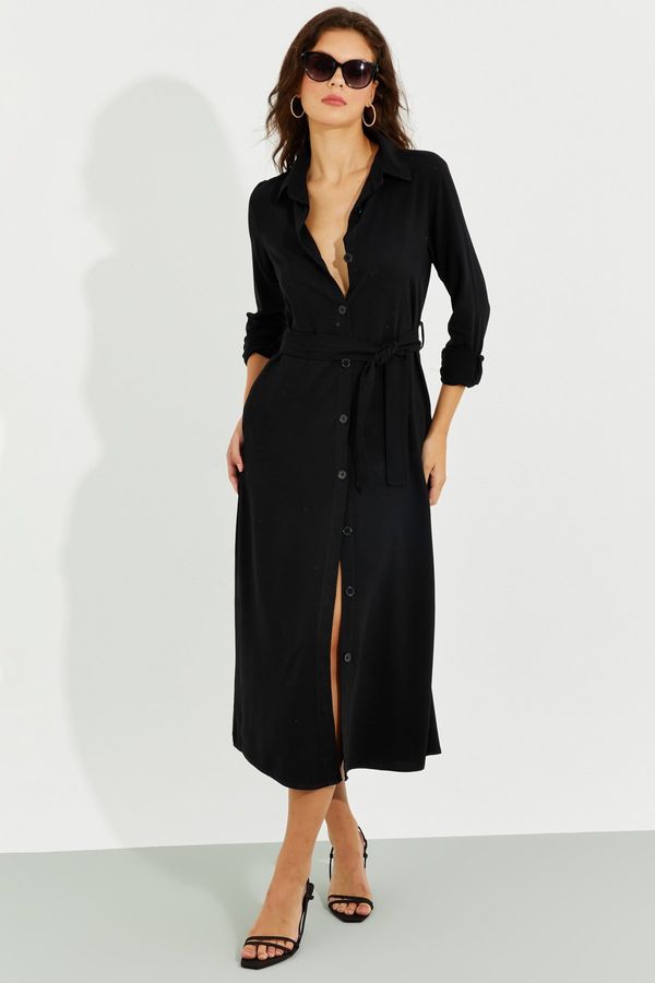 Cool & Sexy Cool & Sexy Women's Black Pocket Shirt Midi Dress