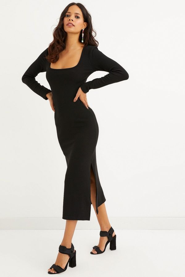 Cool & Sexy Cool & Sexy Women's Black Square Collar Double Slit Midi Dress