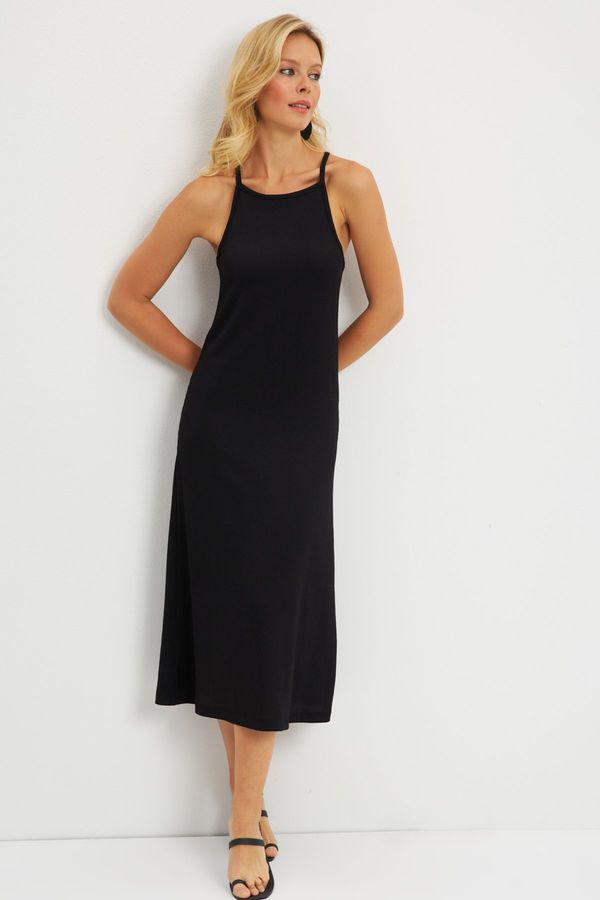 Cool & Sexy Cool & Sexy Women's Black Wrap Halter Neck Midi Dress