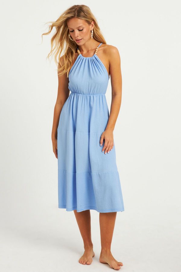 Cool & Sexy Cool & Sexy Women's Blue Bead Detailed Wrapped Midi Dress HO52