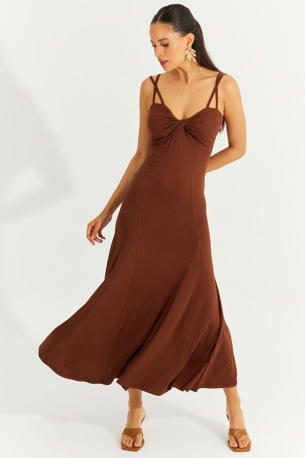 Cool & Sexy Cool & Sexy Women's Brown Knotted Front Double Strap Midi Dress