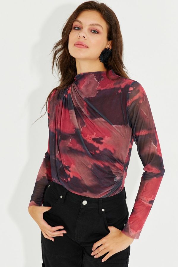 Cool & Sexy Cool & Sexy Women's Burgundy Shirred Lined Tulle Blouse