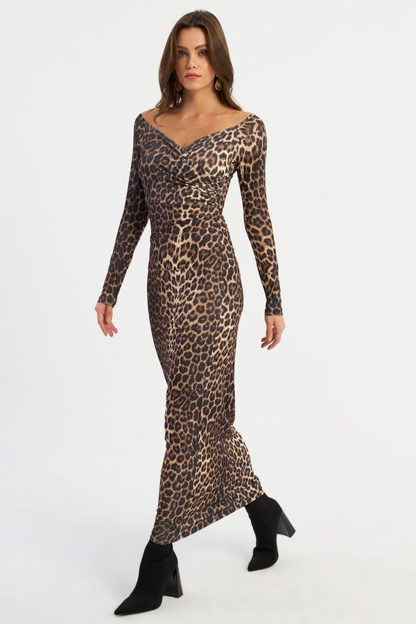 Cool & Sexy Cool & Sexy Women's Camel-Black Double Breasted Leopard Maxi New Year's Dress LIK11
