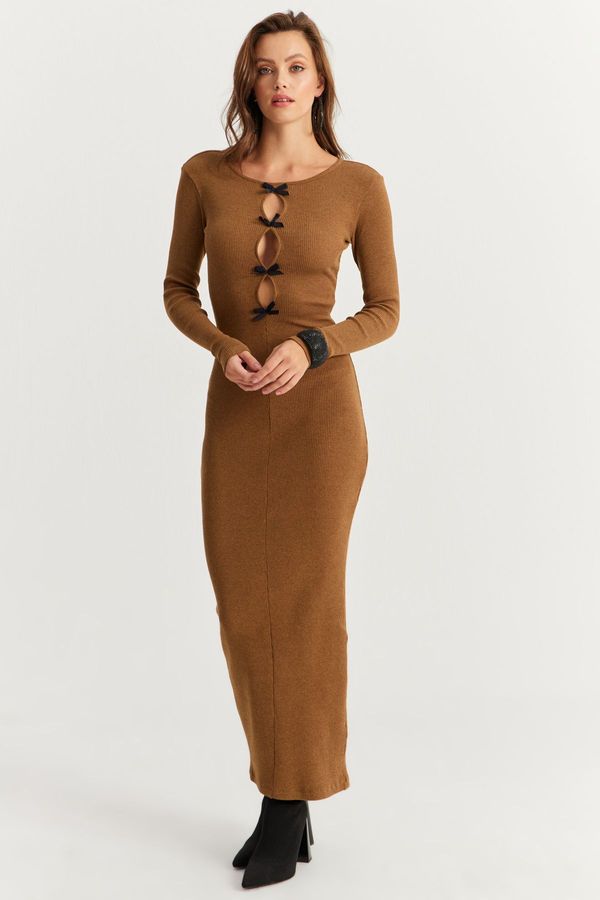 Cool & Sexy Cool & Sexy Women's Camel-Black Ribbon Detailed Camisole Maxi New Year's Dress