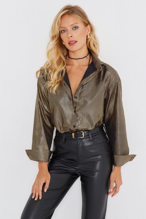 Cool & Sexy Cool & Sexy Women's Gold Color Striped Shiny Shirt