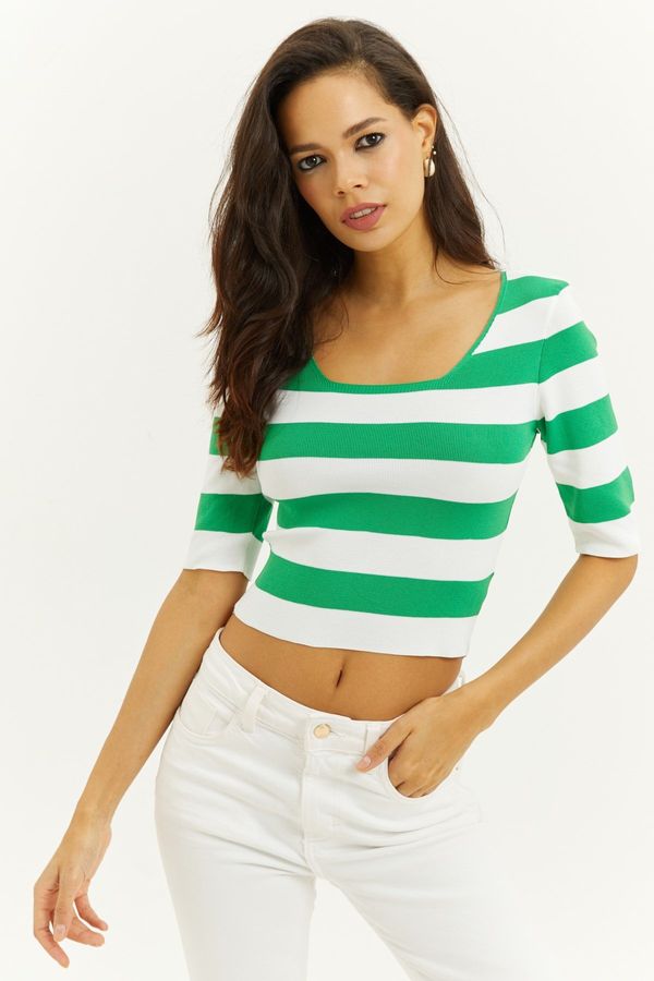 Cool & Sexy Cool & Sexy Women's Green Square Neck Striped Knitwear Blouse