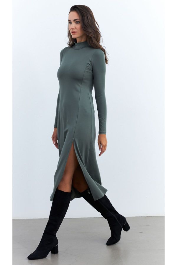 Cool & Sexy Cool & Sexy Women's Khaki Turtleneck Midi Dress HOR15