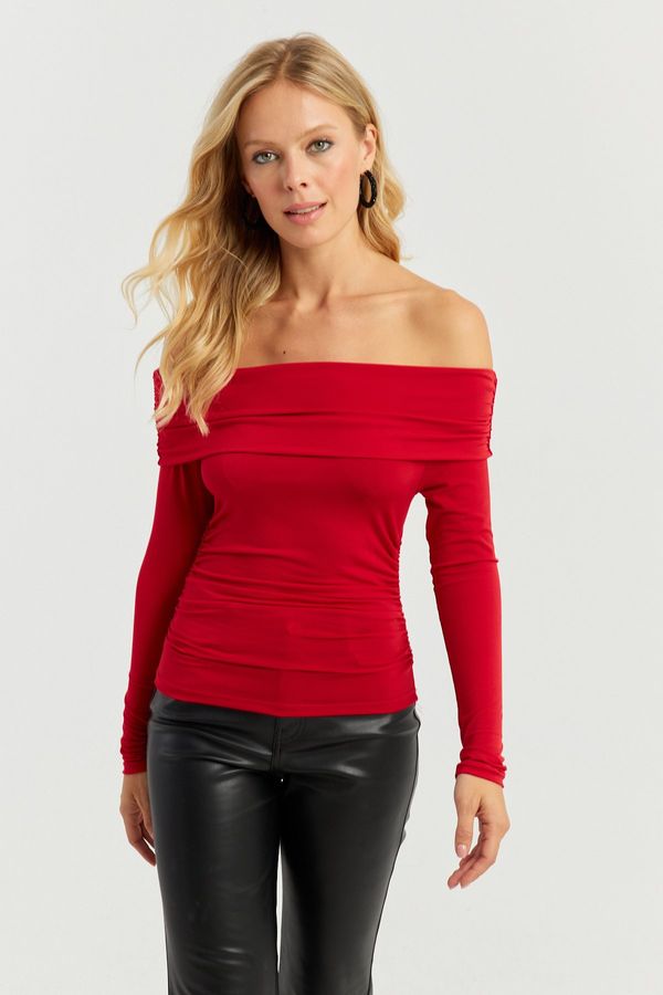Cool & Sexy Cool & Sexy Women's Red Gathered Madonna Blouse