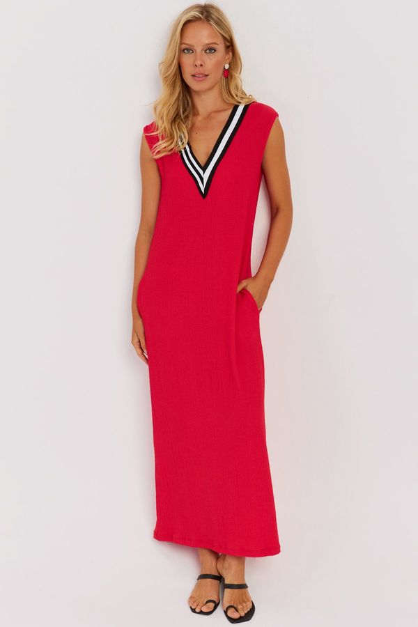 Cool & Sexy Cool & Sexy Women's Red V Neck Block Maxi Dress
