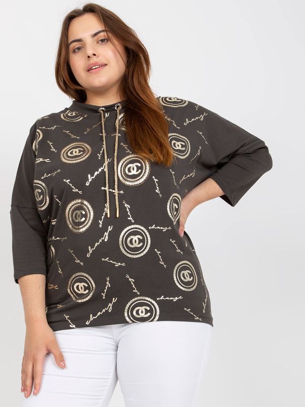 Fashionhunters Cotton khaki blouse of larger size with print