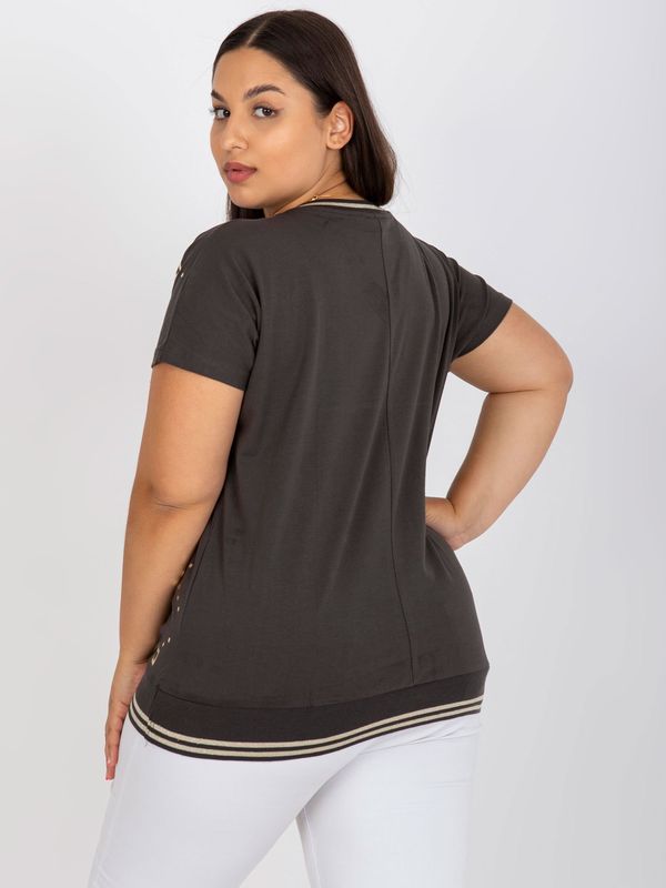 Fashionhunters Cotton khaki blouse of larger size with short sleeves