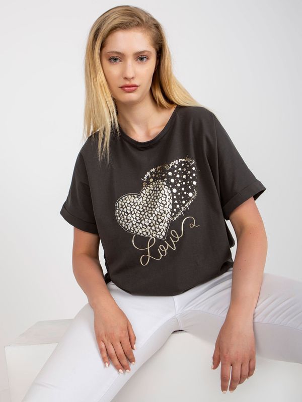 Fashionhunters Cotton khaki T-shirt of larger size with application of rhinestones
