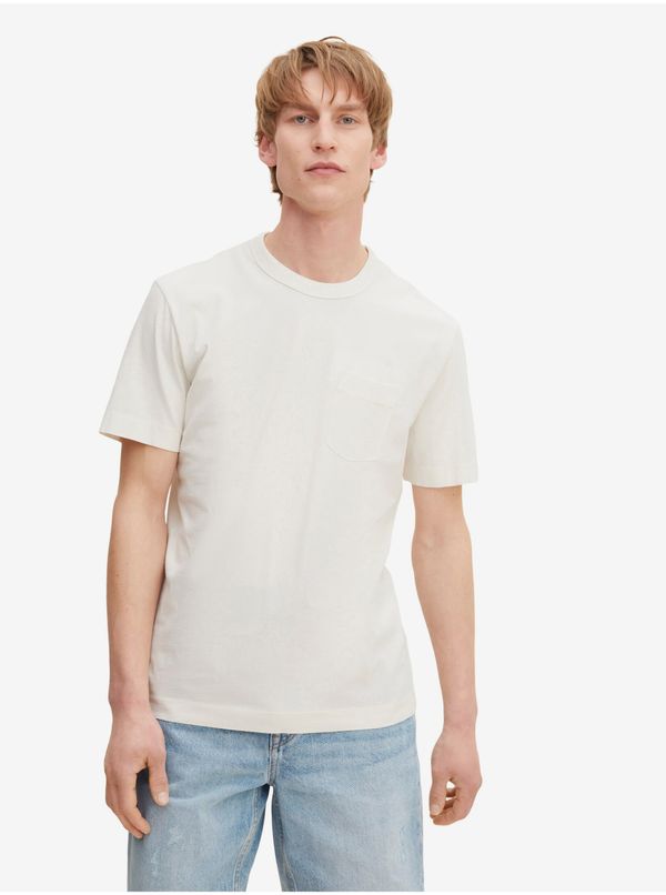 Tom Tailor Cream Men's Basic T-Shirt with Tom Tailor Pocket - Men