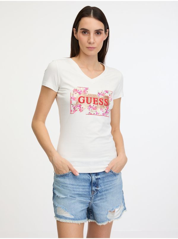 Guess Cream women's T-shirt Guess Logo Flowers - Women