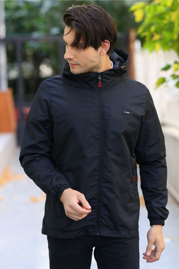 D1fference D1fference Men's Black Inner Lined Water And Windproof Hooded Pocket Raincoat