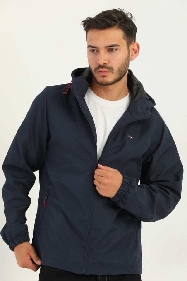 D1fference D1fference Men's Navy Blue Inner Lined Waterproof And Windproof Hooded Pocket Sports Raincoat