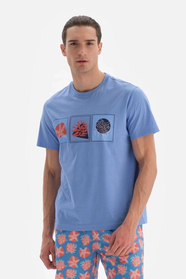 Dagi Dagi Blue Crew Neck Printed Cotton T-shirt