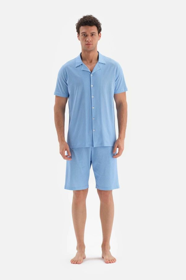 Dagi Dagi Blue Shirt Collar Metering Printed Shorts Pajama Set