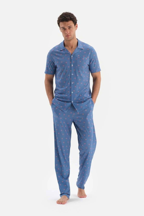 Dagi Dagi Blue Shirt Collar Microprint Printed Pajamas Set