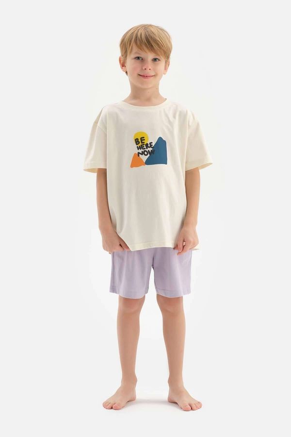 Dagi Dagi Ecru Boy's Slogan Printed Short Sleeve Pajama Set with Shorts