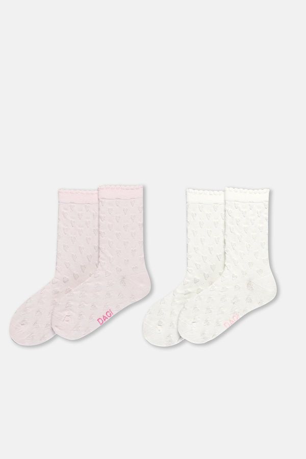 Dagi Dagi Ecru-Pink Girl's 2-Piece Heart Patterned Socks