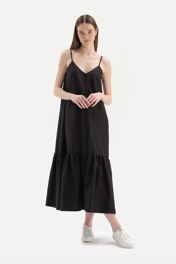 Dagi Dagi Long Black Woven Dress with Straps and Buttons at the Front