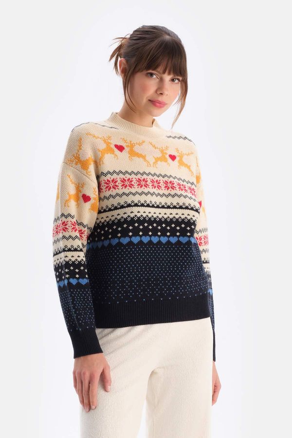 Dagi Dagi Navy Blue Christmas Patterned Knitwear Sweater