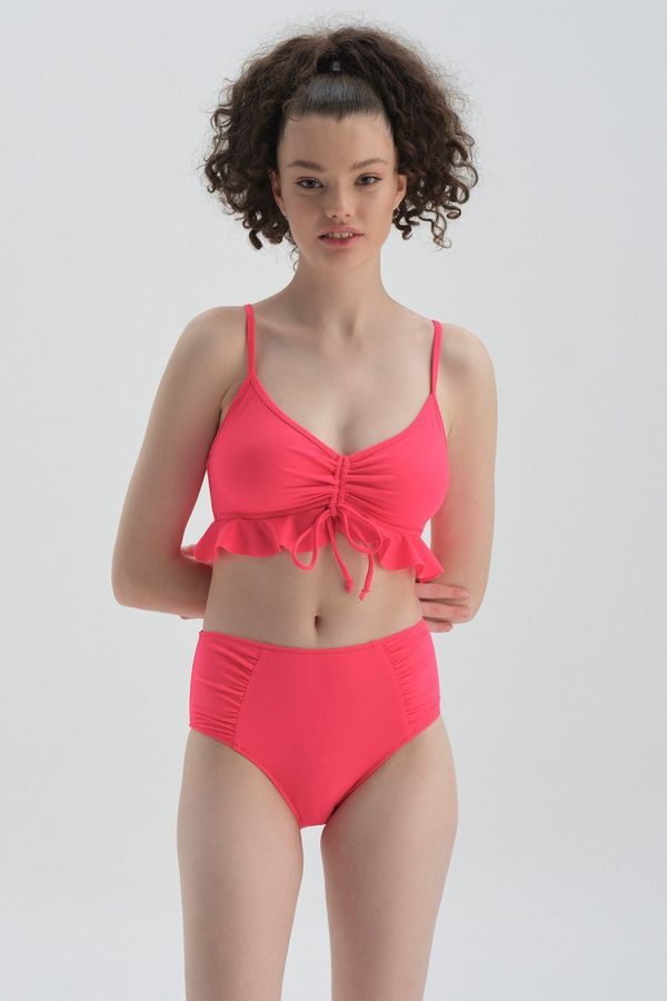 Dagi Dagi Neon Fuchsia Rise Waist Bikini Bottom With Drawstring Side Draped