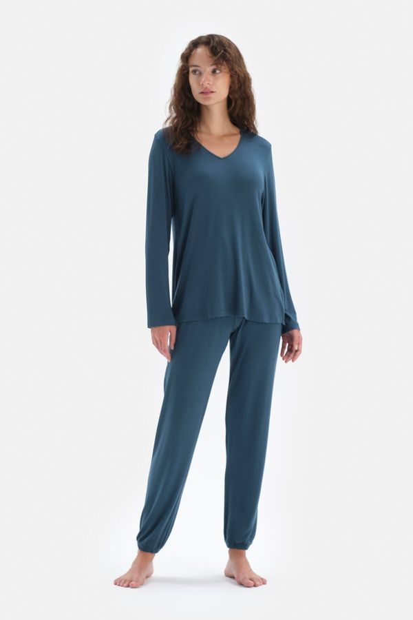 Dagi Dagi Oil Blue V-Neck Long Sleeve Piping Detailed Top Jogger Pajamas Set