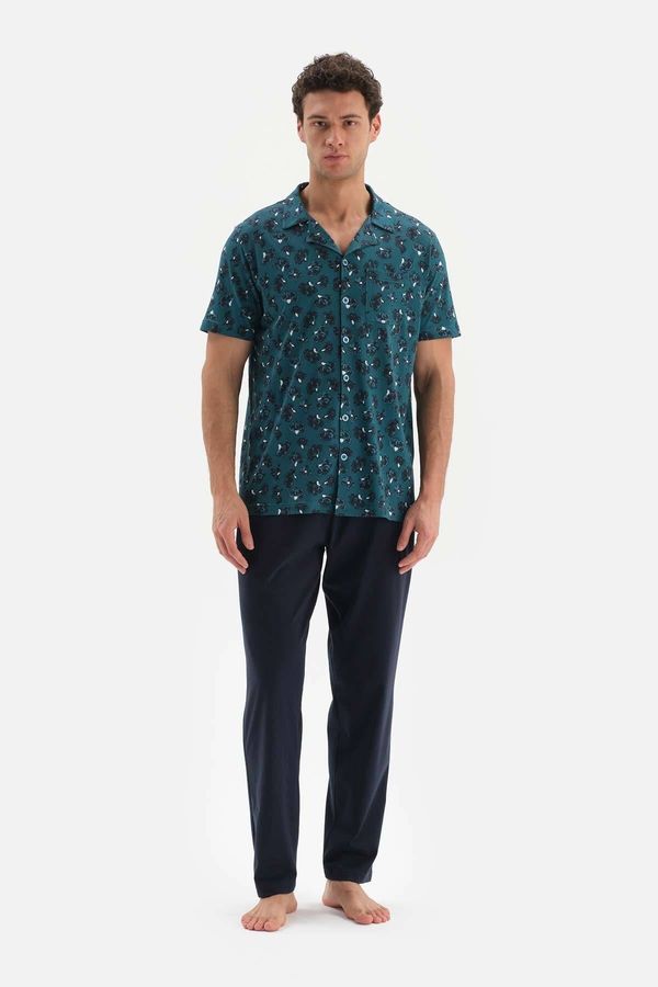 Dagi Dagi Oil Green Shirt Collar Patterned Top Knitted Pajama Set