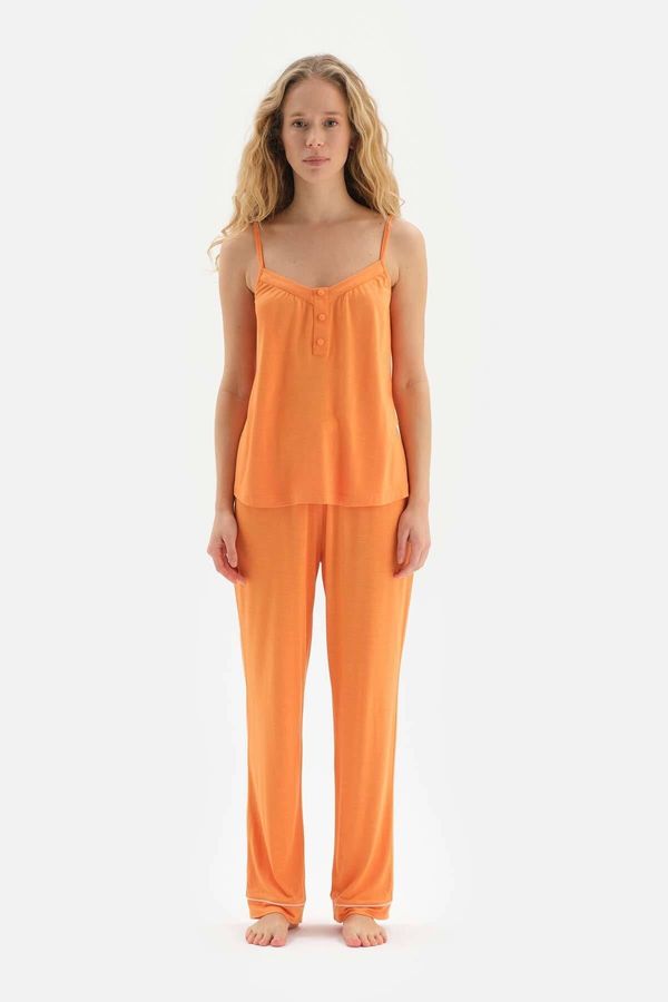 Dagi Dagi Orange Strap Button Detailed Viscose Pajama Set