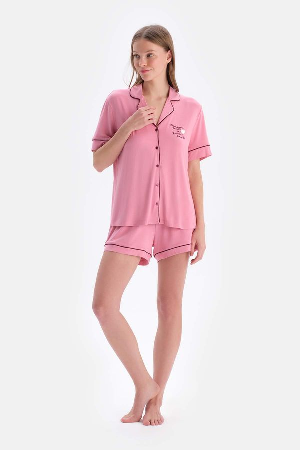 Dagi Dagi Pink Short Sleeve Embroidery Detailed Viscose Shirt Shorts Pajamas Set