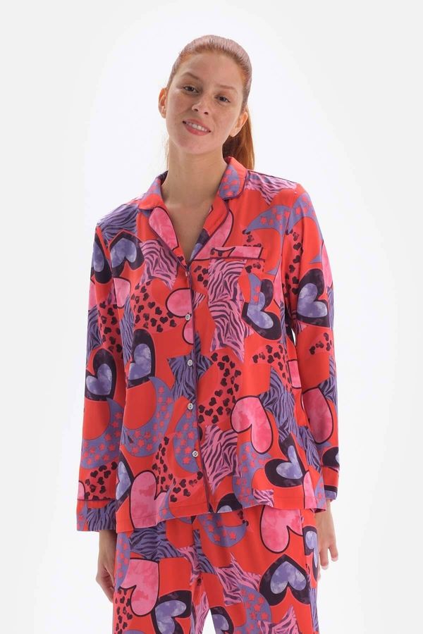 Dagi Dagi Pomegranate Flower Patterned Shirt Collar Satin Pajama Top