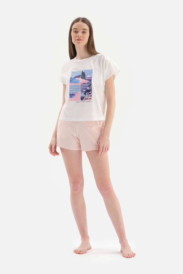 Dagi Dagi White Crew Neck Printed Cotton Shorts Pajamas Set