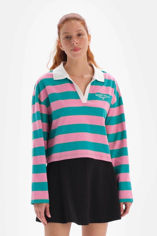 Dagi Dagi Women's Pink Sweatshirt with Collar Striped