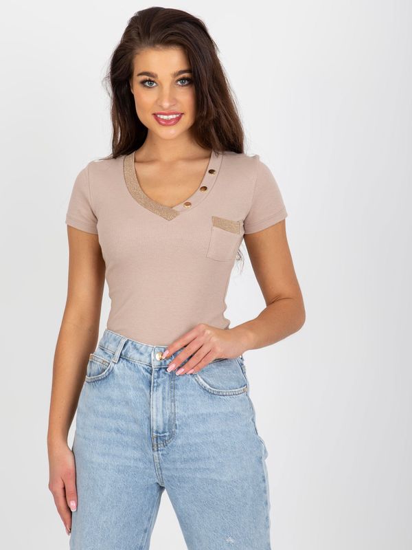 Fashionhunters Dark beige ribbed blouse with short sleeves