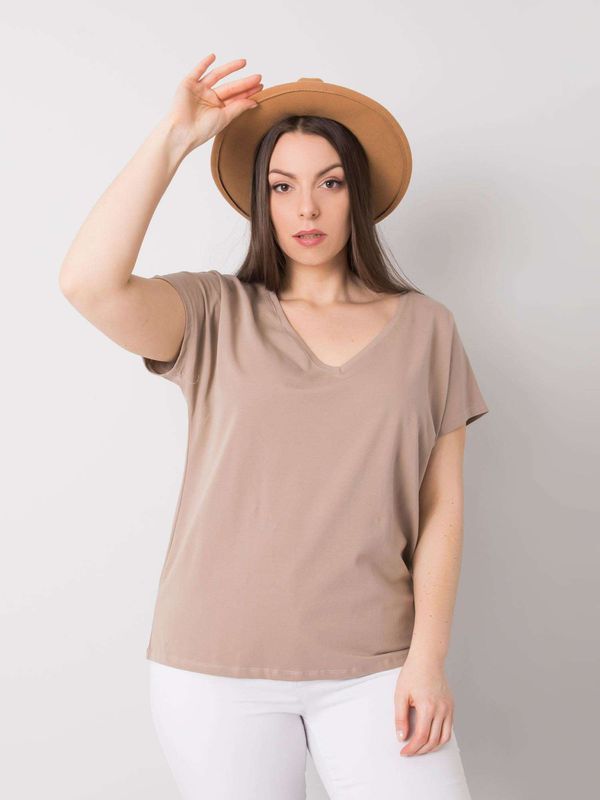 Fashionhunters Dark beige women's T-shirt with V-neck in size
