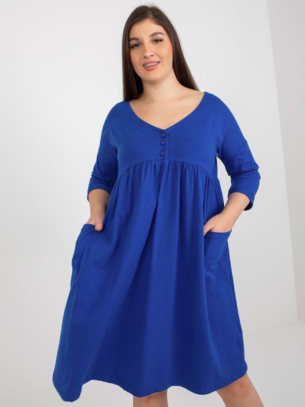 Fashionhunters Dark blue basic dress size plus with 3/4 sleeves