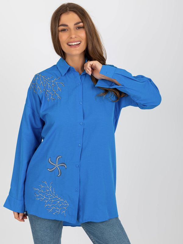 Fashionhunters Dark blue oversize button shirt with embroidery