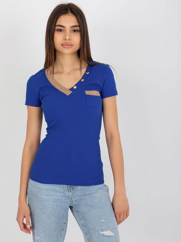 Fashionhunters Dark blue ribbed blouse with short sleeves