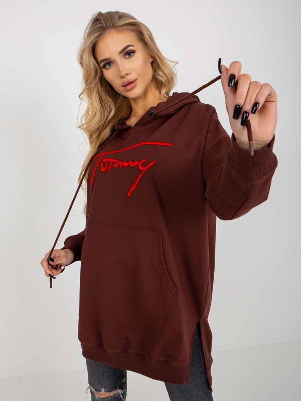 Fashionhunters Dark brown long kangaroo sweatshirt with inscription