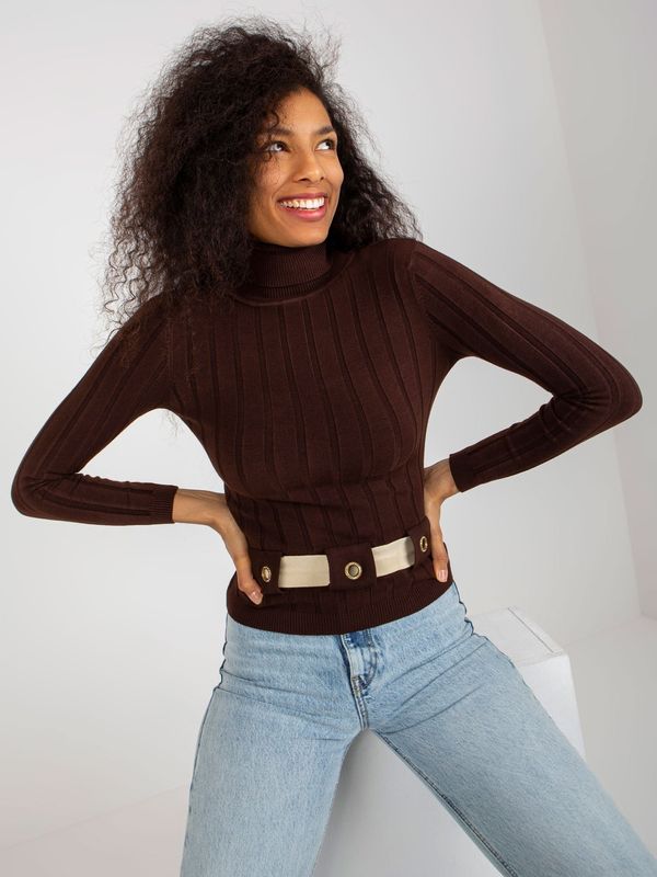 Fashionhunters Dark brown ribbed sweater with turtleneck