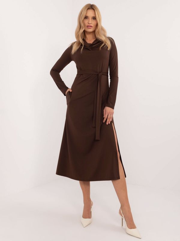 Fashionhunters Dark brown viscose cocktail dress with belt