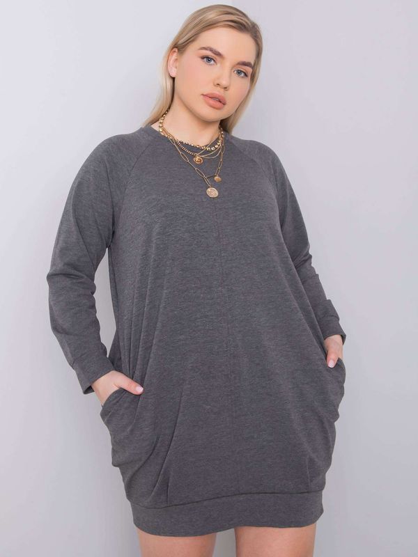 Fashionhunters Dark gray melange dress plus sizes with long sleeves