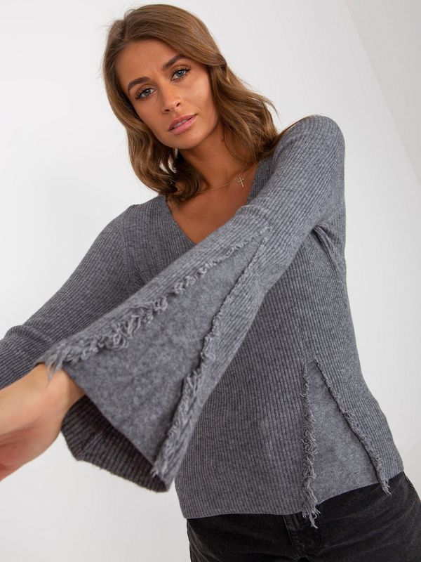 Fashionhunters Dark gray ribbed classic sweater with viscose